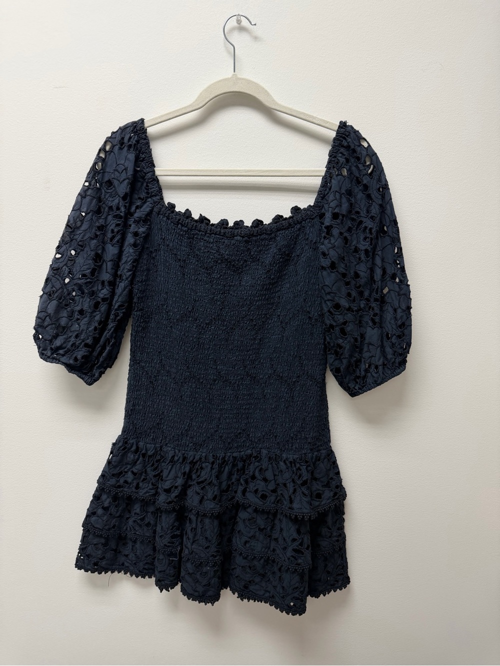 Temptation Positano Navy Smocked Eyelet Mini Dress